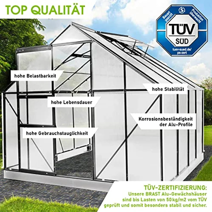 BRAST Gewächshaus Aluminium mit Fundament, 250x250x205cm, grau, TÜV geprüft, 6mm Hohlkammerplatten, rostfrei und wetterfest – Bild 3