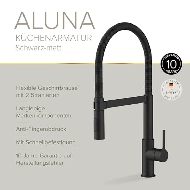 Lenz Küchenarmatur ALUNA, Schwarz, mit flexibler Pendelbrause, 360°-Schwenkfunktion und Anti-Fingerabdruck-Beschichtung – Bild 3