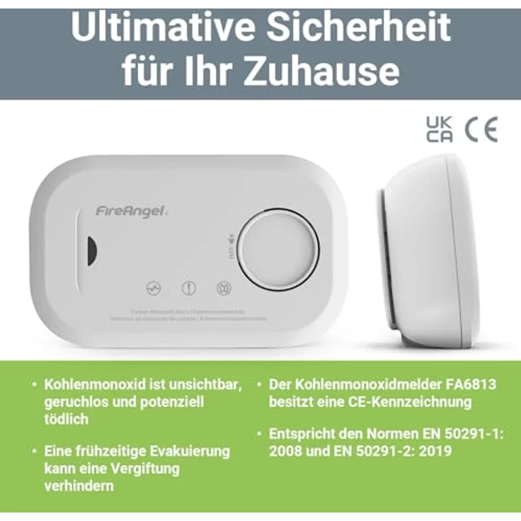 FireAngel FA6813 Kohlenmonoxid-Alarm, tragbarer CO-Monitor mit Testtaste, 85 dB, batteriebetrieben, kompakt für Reisen – Bild 3