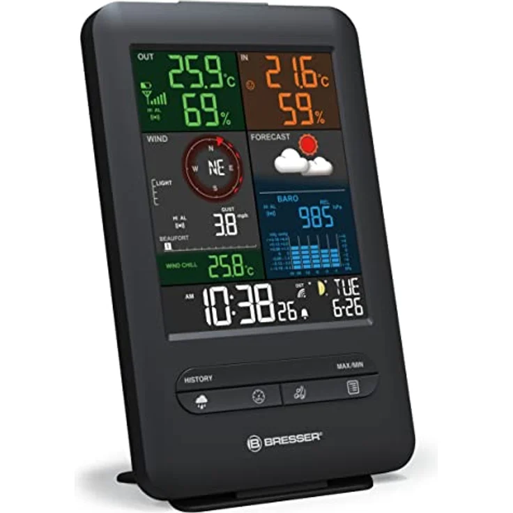 Bresser 7002525 Wetterstation Funk mit Außensensor 5-in-1 Beaufort mit großem Farbdisplay, Sensor für Temperatur, Luftfeuchtigkeit, Luftdruck, Windrichtung und Regenmesser, Schwarz, Einzigartig – Bild 3