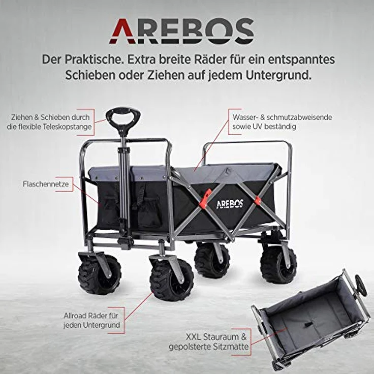 Arebos Faltbarer Bollerwagen, Handwagen mit 100 kg Tragkraft, wasser- und schmutzabweisend, Schwarz – Bild 3