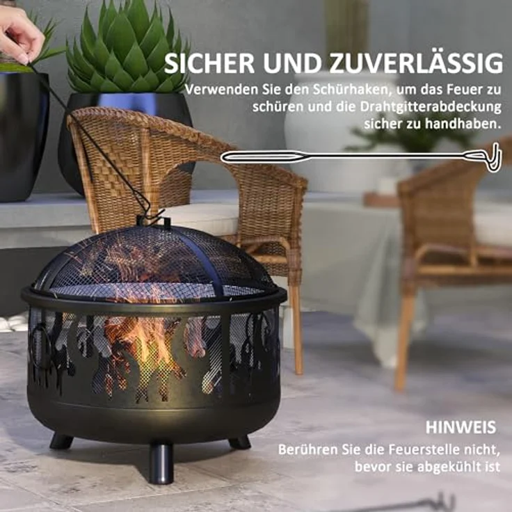 Outsunny 2-in-1 Feuerschale Feuerkorb Feuerstelle mit Funkenschutz Grillrost für Garten BBQ Metall Schwarz Ø61 x 55 cm – Bild 4