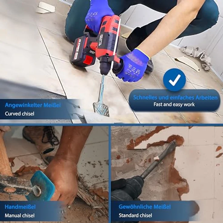 S&R Fliesenmeißel SDS plus 165 mm x 75 mm abgewinkelt, gehärtet, Industrie-Qualität, optimierte Geometrie für Fliesen und Fliesenkleber, Made in Germany – Bild 4