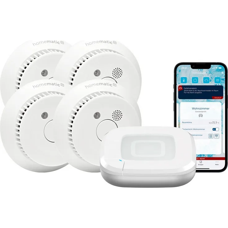 Homematic IP HOMEMATIC IP Starterset Rauchwarnmelder, 4er Set für 4 Räume, Alarmierung per App und Sirene, wartungsfrei, Q-Label zertifiziert