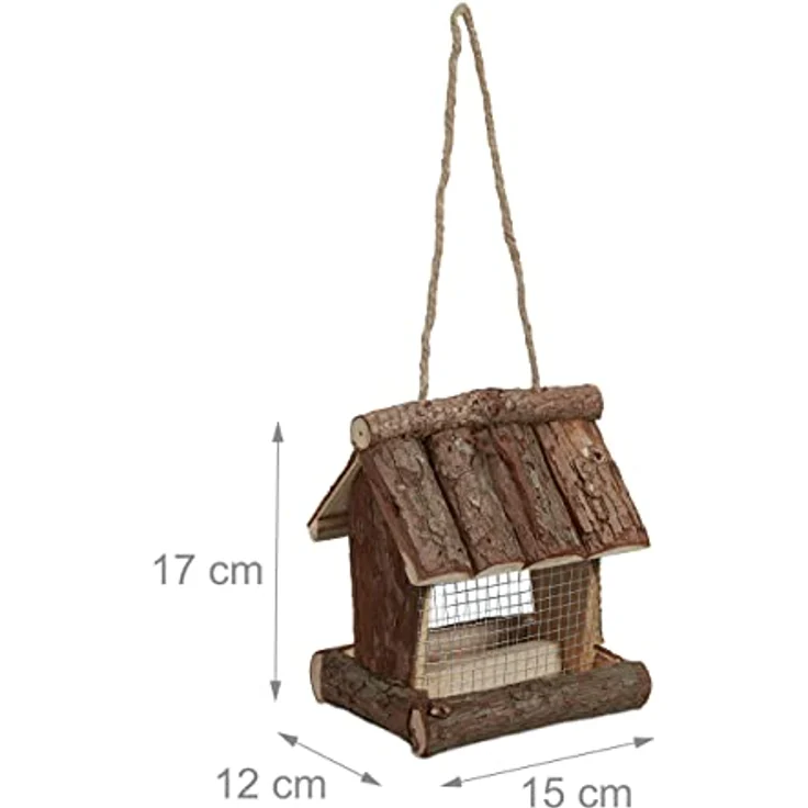 Relaxdays Vogelfutterhaus Holz, zum Aufhängen, HBT: 17 x 15 x 12 cm, mit Silo, Vogelfutterspender für Kleinvögel, Natur – Bild 4