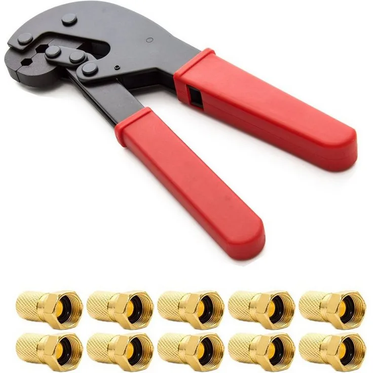 PremiumX PX-106C Crimpingzange SAT Werkzeug für Satellitenkabel, inkl. 10x F-Stecker, gold, mit Wetterschutz, für 7,5 mm Koaxialkabel