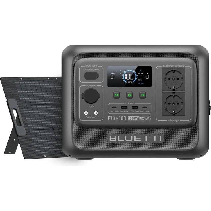 BLUETTI Elite 100 V2, Tragbare Power Station mit 1024Wh LFP Batterie, 2 x 1800W AC Ausgängen, Solar Generator für Camping und Stromausfälle