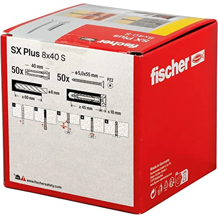 fischer Spreizdübel SX Plus 8 x 40 S, Schachtel mit 50 Nylondübeln und passenden Schrauben, Dübel für optimalen Halt bei Befestigungen in Beton, Vollziegel, Porenbeton, Hochlochziegel uvm. – Bild 3