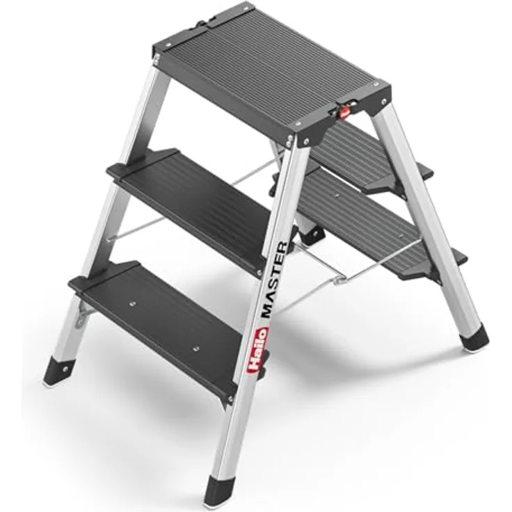 Hailo Master D70 Aluminium Doppelstufen-Trittleiter, beidseitig begehbar, rutschhemmende Stufen, gummierte Füße, 2 x 3 Stufen, EN 14183 geprüft, belastbar bis 150 kg
