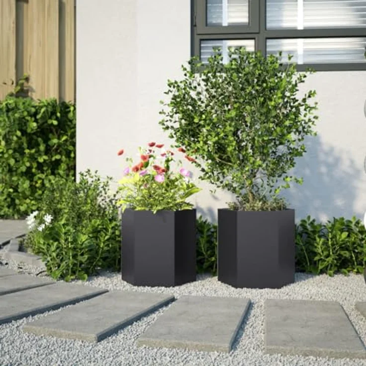 vidaXL Pflanzkübel 2 STK. Schwarz Sechseckig 46x40x45 Stahl, Witterungsbeständig und strapazierfähig – Bild 4