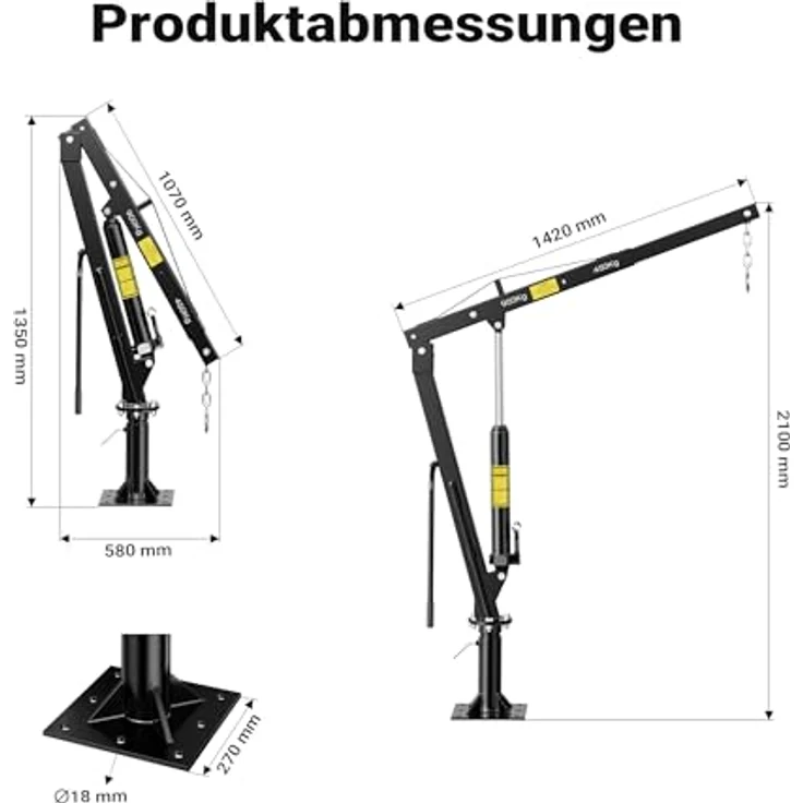 Wiltec Pickup Kran, hydraulischer Ladekran 1800 mm, 900 kg Traglast, 360° drehbar, Werkstattbodenmontage – Bild 3