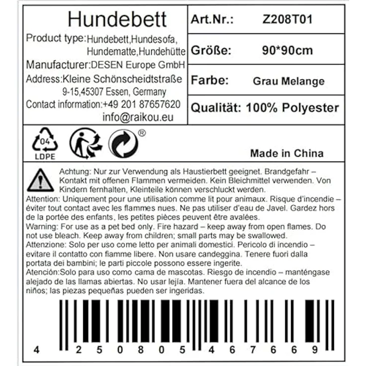 RAIKOU Hundebett Couch, Antirutsch Beschichtung, Waschbare Hundedecke für große Hunde, grau 90x90 cm mit Reißverschluss und Kofferraumschutz – Bild 2