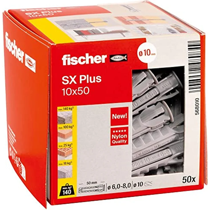 fischer Spreizdübel SX Plus 10 x 50, Schachtel mit 50 Nylondübeln, Dübel für optimalen Halt bei Befestigungen in Beton, Vollziegel, Porenbeton, Hochlochziegel uvm. – Bild 1