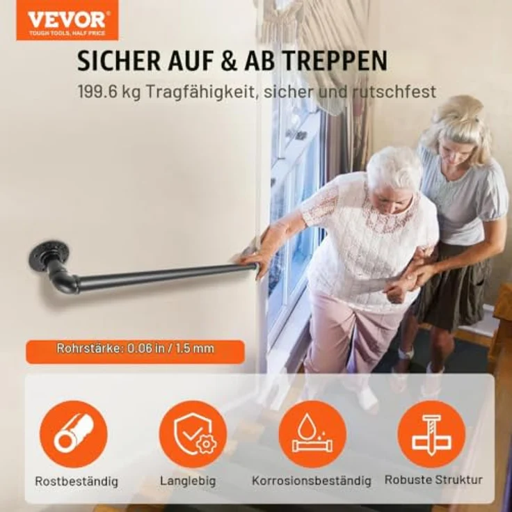 VEVOR Retro Wasserrohr Handlauf 60cm, Kohlenstoffstahl mit mattem Finish, 200kg Traglast für Innen- und Außenanwendungen – Bild 2