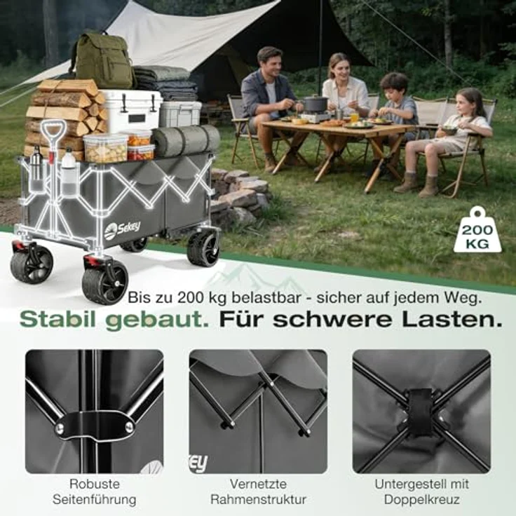Sekey XXL Plus Bollerwagen, Faltbar mit 200L Volumen und 200KG Tragkraft, All-Terrain-Räder 17x10 cm, patentierter 4-Wege-Sofortaufbau, Anthrazit – Bild 4