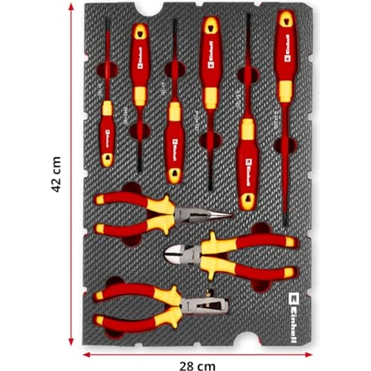 Einhell Werkzeugkoffer VDE Werkzeug-Set 9-tlg. mit isolierten Schraubendrehern und Zangen, rot-gelb, Carbon-Optik – Bild 11