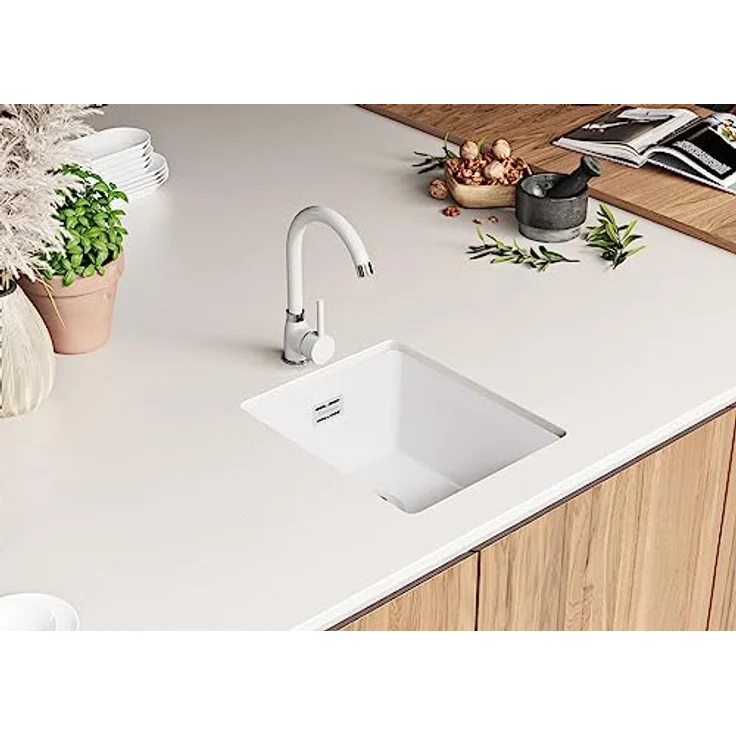 Primagran Unterbauspüle Granit Weiß 36x47cm, Spülbecken 1 Becken + Ablauf-Set, hitze- und schlagresistent – Bild 2
