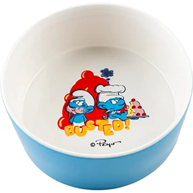 Smurfs duvoplus, Schlümpfe Futternapf 1000 ml – 16,5 x 16,5 x 7 cm, Weiß/Blau, glasierte Keramik, robust und stabil, für Nassfutter, Trockenfutter und Wasser, spülmaschinenfest