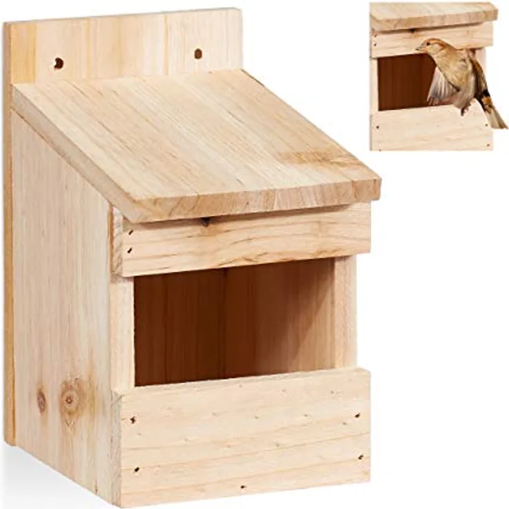 Relaxdays Halbhöhle Nistkasten, Vogelkasten zum Aufhängen, unbehandeltes Holz, Amsel, Flugloch, 20 x 12 x 15,5 cm, natur