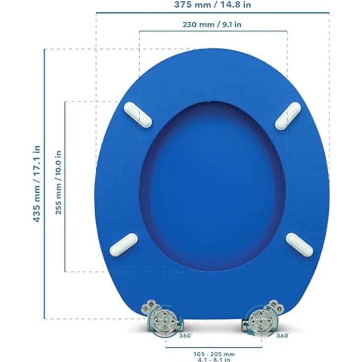 Sanfino WC Sitz Deep Blue, Toilettendeckel aus Holz mit Absenkautomatik und verchromten Metallscharniere, 43,5 x 37,5 cm – Bild 5