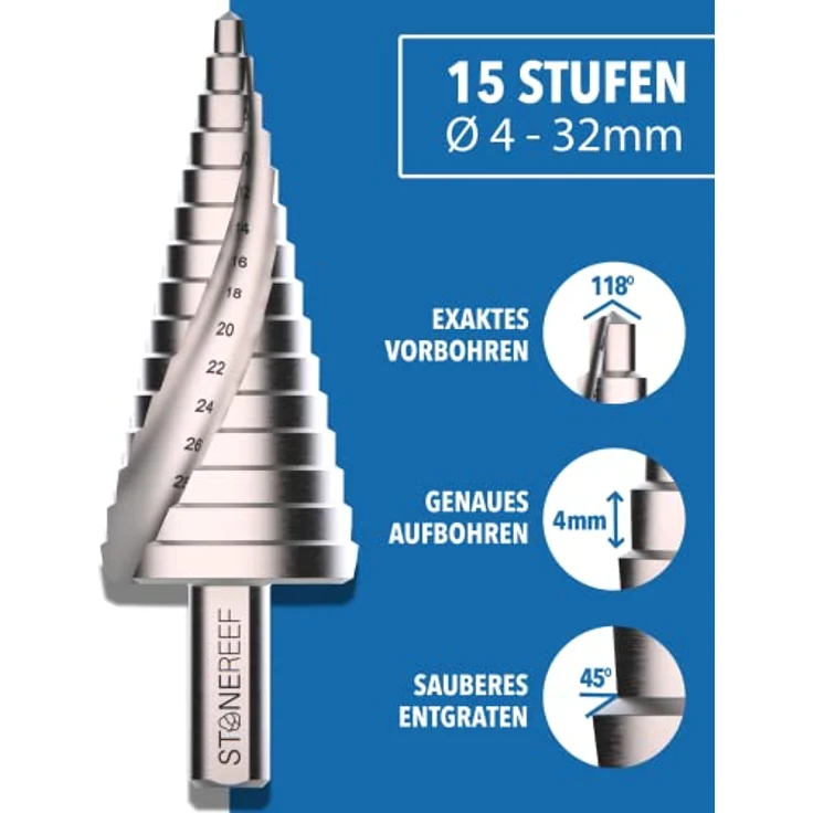 STONE REEF Stufenbohrer Profi aus HSS Stahl - [15 Stufen | Ø 4-32mm] - Kegelbohrer, Schälbohrer, Metall, Lochbohrer, Blechbohrer, Kunststoffbohrer, Lochfräser, Fräsbohrer, Lochschneider - Spiralnut, Triangular-Schaft, extra tiefe 4mm Stufen - in HSS Stahl – Bild 2