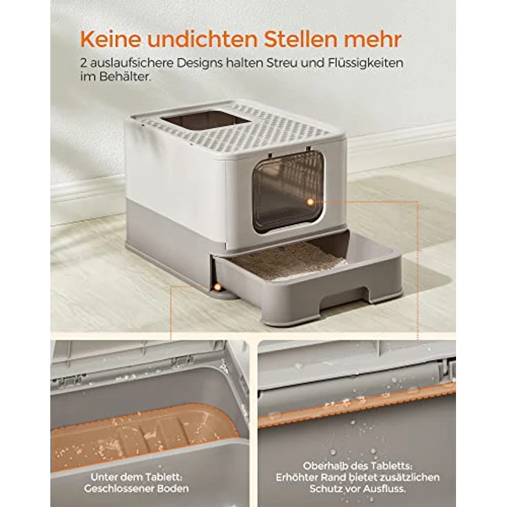 Feandrea Katzenklo, Katzentoilette, mit Deckel, ausziehbares Tablett, Schaufel, Bürste, geräumig für Katzen bis 15 kg, weniger Spuren, auslaufsicherer Boden, haferflockenfarben-warmgrau PPT001G01 – Bild 4