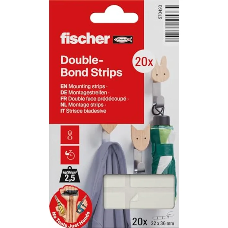 fischer Montagestreifen, doppelseitige Klebestrips, stark belastbar bis 2,5 kg, wieder ablösbar, Aufhängung ohne Bohren, 20 Strips 22 x 36 mm