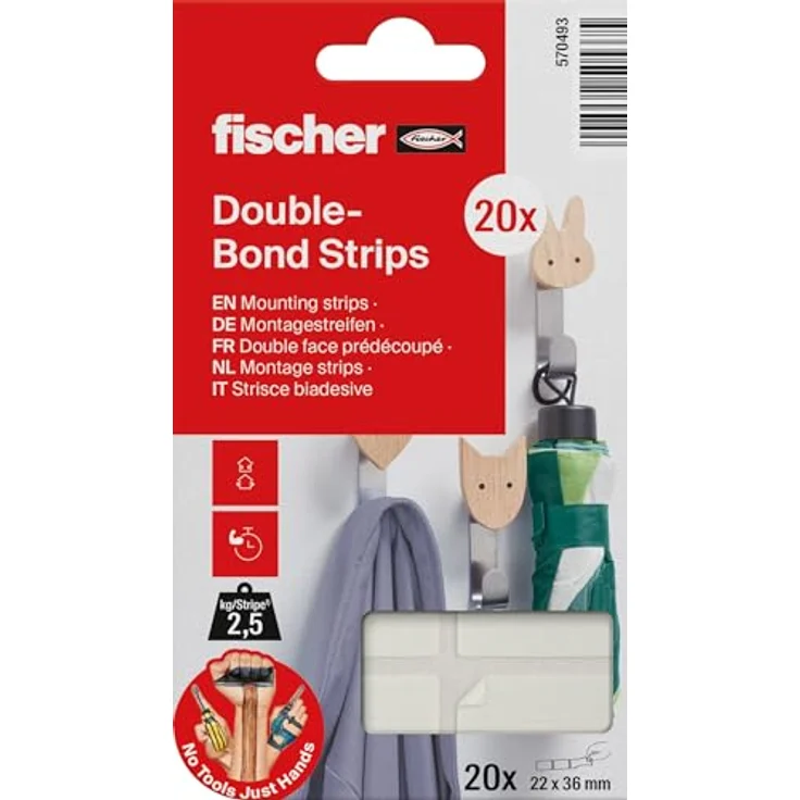 fischer Montagestreifen, doppelseitige Klebestrips, stark belastbar bis 2,5 kg, wieder ablösbar, Aufhängung ohne Bohren, 20 Strips 22 x 36 mm – Bild 1