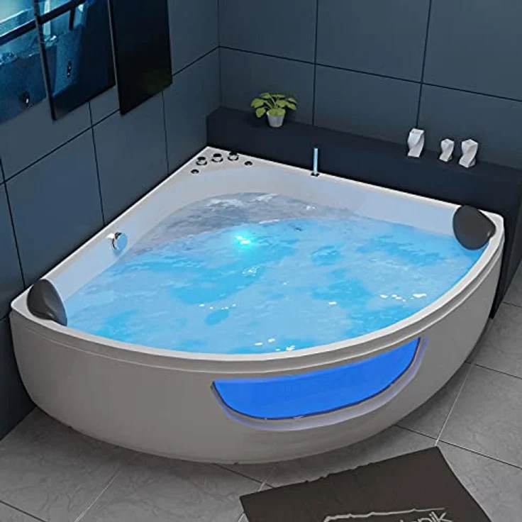 Tronitechnik® Eckbadewanne mit Whirlpool 135x135cm mit Sitz, Acrylwanne für zwei Personen, Eck-Badewanne mit Armatur, freistehend und vormontiert, Indoor Whirlpoolbadewanne mit LED – Bild 2