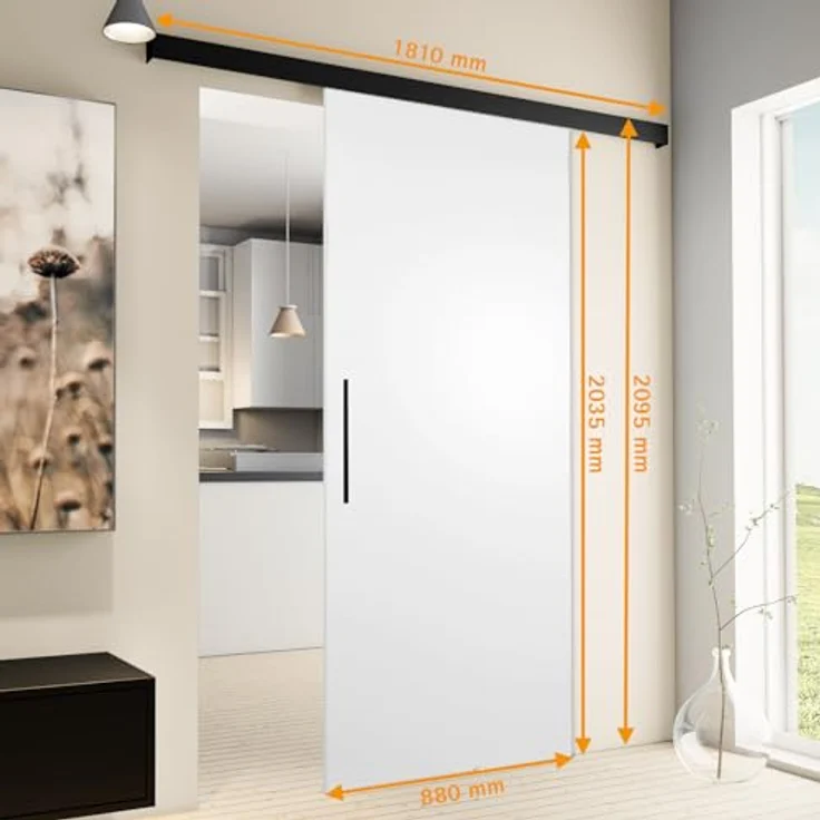 inova Holz-Schiebetür Komplettset 880 x 2035 mm, weiß mit schwarzem Beschlagset und Stabgriff, wartungsfreies Hängesystem, Made in Germany – Bild 2