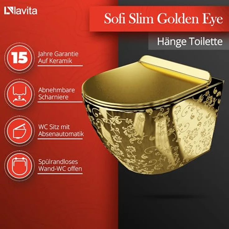 lavita Wand-WC Sofi Slim Golden Eye | Hänge Toilette mit Absenkautomatik & Metallscharniere | Spülrandlos Hängend | 365x490x395 mm | Gold – Bild 2