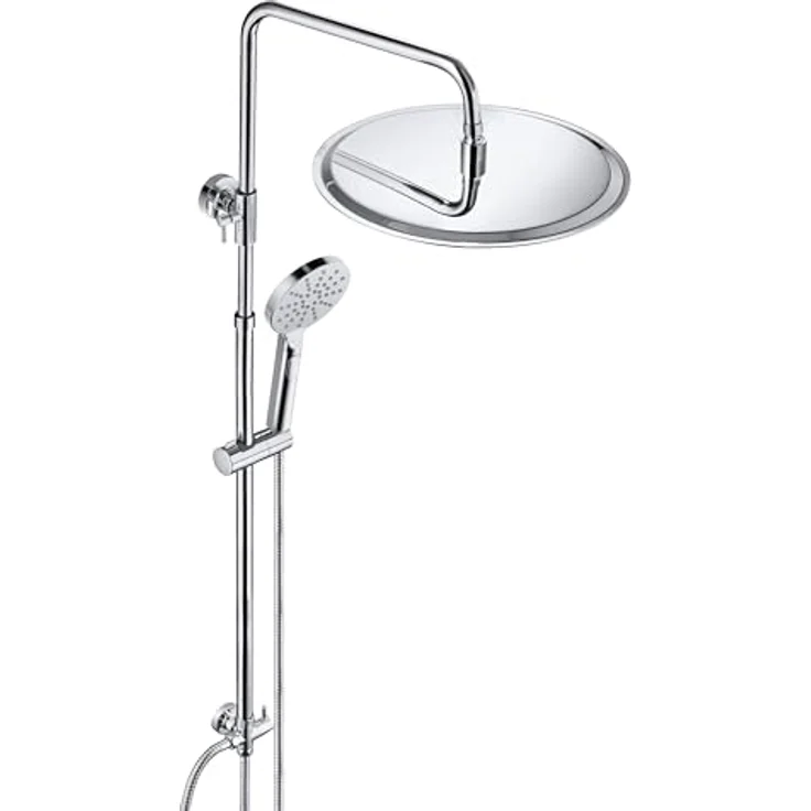 JOHO 304 Edelstahl Duschsystem, Chrom Regendusche Set mit Wandhalterung, Duschkopf und Schlauch, Runde Kopfbrause D30 cm, wassersparend, verstellbare Duschstange – Bild 1