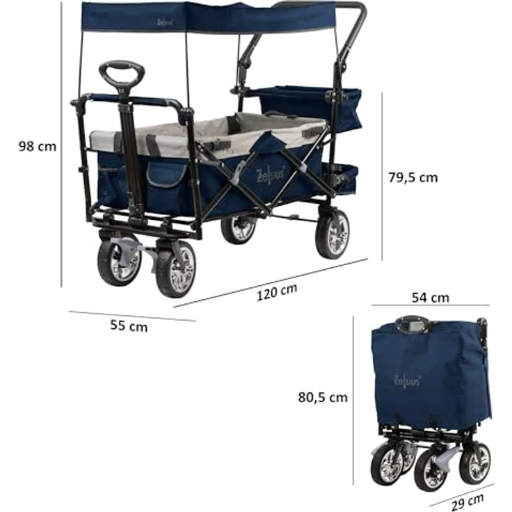 Zelsius Bollerwagen faltbar mit Dach, Transportwagen mit Gurtsystem, blau/grau, 87,5 Liter Nutzvolumen, 90 kg belastbar, abnehmbares Sonnendach – Bild 2