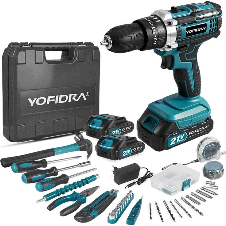 Yofidra Akku-Bohrschrauber 21V, 60Nm, 2-Gang Bohrmaschine mit 2x 1500mAh Akkus, 25+3 Drehmomentstufen, 1600 RPM, 10mm Bohrfutter