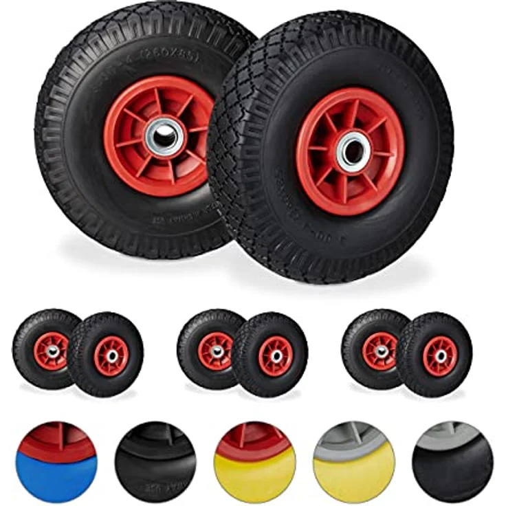 Relaxdays 8 x Sackkarrenrad, pannensichere Vollgummireifen, 3.00-4 Zoll, 20 mm Achse, bis 80 kg, Ersatzrad 260x85mm, schwarz-rot – Bild 1