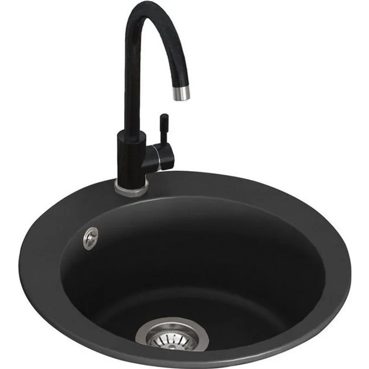 GURARI Küchenspüle SRR 100 - 601 W+5523 E2, CROWN, 50.5/50.5 cm, Einbau Spüle, Schwarz+Edelstahl Armatur, Quarzsand Material, Schwarz metallic