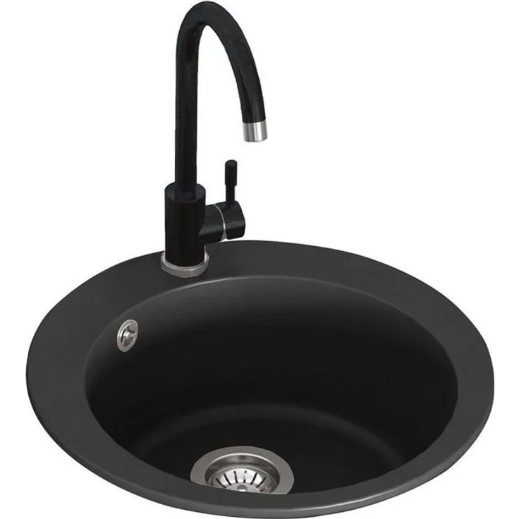GURARI Küchenspüle SRR 100 - 601 W+5523 E2, CROWN, 50.5/50.5 cm, Einbau Spüle, Schwarz+Edelstahl Armatur, Quarzsand Material, Schwarz metallic