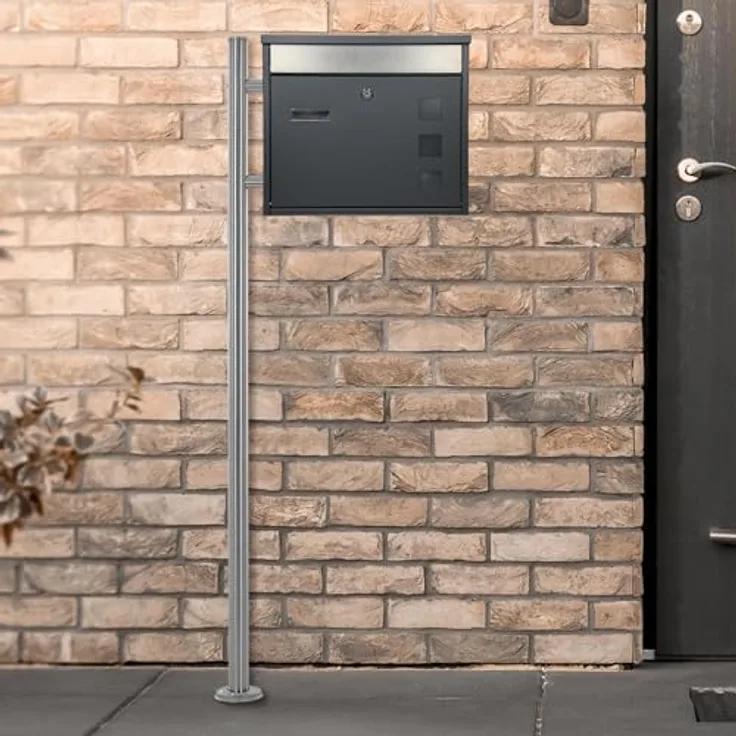 ECD Germany Design Briefkasten mit Pfosten, Standbriefkasten Silber 120 cm Edelstahl, Postkasten Anthrazit-Silber pulverbeschichtet