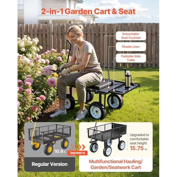 VEVOR Bollerwagen 226,8 kg Tragkraft, Gartenwagen mit Sitz, PU-Rädern und verstellbarem Griff, Transportwagen mit Werkzeugablage, Schwarz – Bild 3