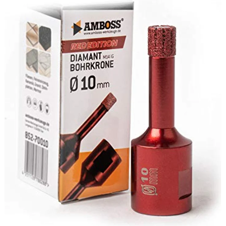 Amboss RED EDITION M14 Diamant Bohrkrone - für Winkelschleifer - Feinsteinzeug, harte Fliesen, Granit/Die ideale Trockenbohrkrone (Ø 10 mm) – Bild 1