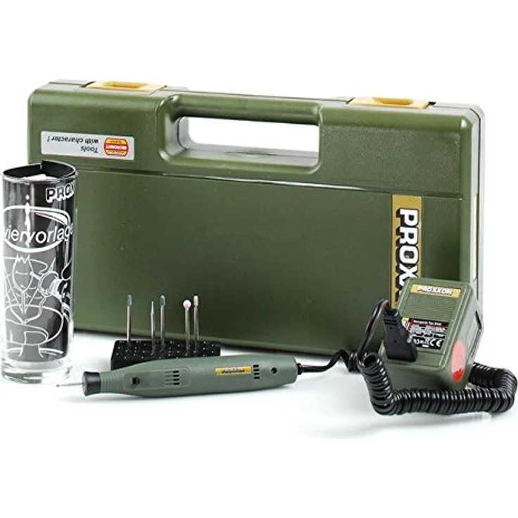 Proxxon Graviermaschine GG 12 Komplettset, leistungsstarkes Graviergerät mit Probierglas, Gravierset für Glas und Holz, grün, Art.-Nr. 28635 – Bild 2