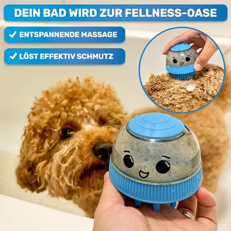 BluePet Befüllbare Badebürste für Hundeshampoo, inkl. 2 Aufsätze (weich + fest) für alle Rassen, sanftes Einmassieren & effektive Fellpflege – Bild 3