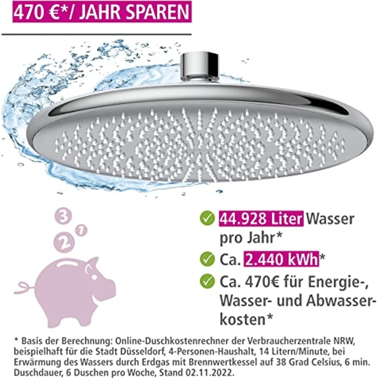 WENKO Wasserspar Regenduschkopf Watersaving, Universal-Kopfbrause mit nachhaltigem Wasserspar-System, 40% Wasser sparen bei vollem Komfort, Duschkopf Ø 22,5 cm, Edelstahl/Messing/ABS Chrom – Bild 3