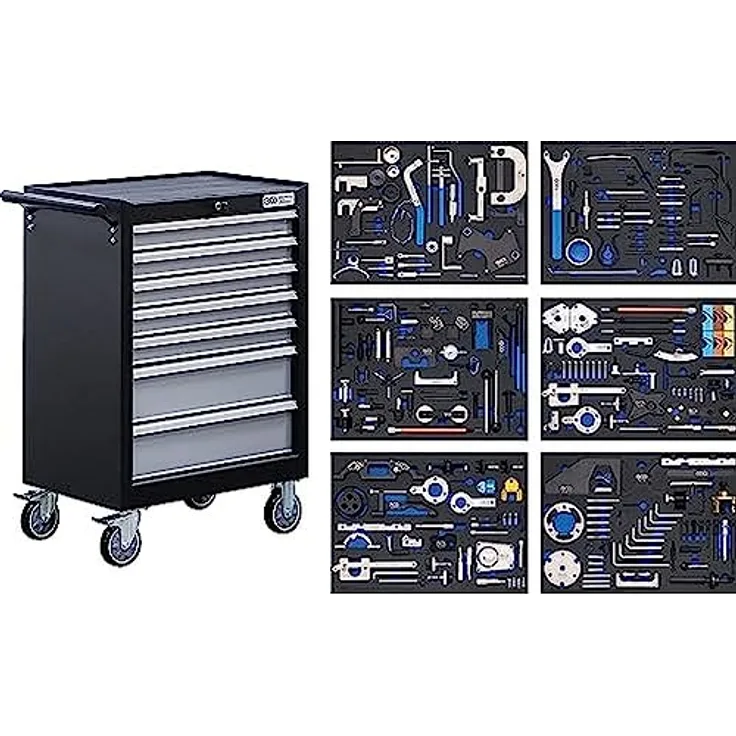 BGS Werkstattwagen, 7 Schubladen mit Motor-Einstellwerkzeugen, robuste Stahlblechkonstruktion, abschließbar, pulverbeschichtet, inklusive Hartschaum-Einlagen, schwarz