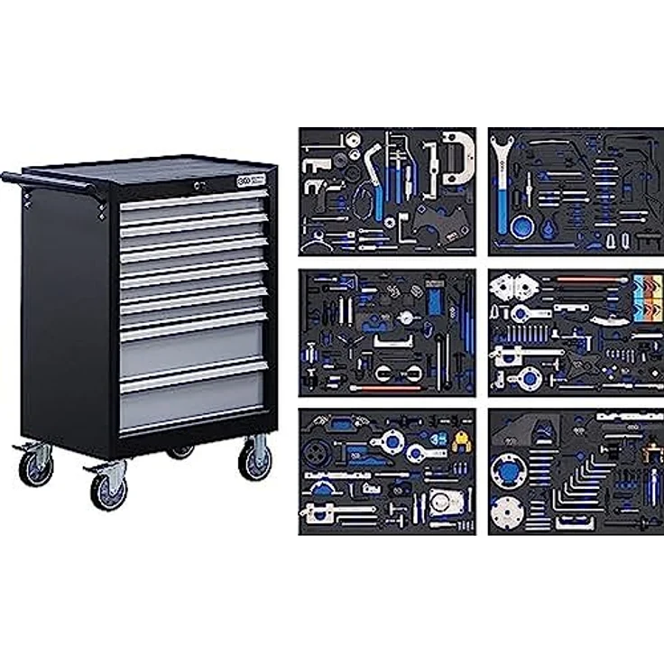 BGS Werkstattwagen, 7 Schubladen mit Motor-Einstellwerkzeugen, robuste Stahlblechkonstruktion, abschließbar, pulverbeschichtet, inklusive Hartschaum-Einlagen, schwarz – Bild 1