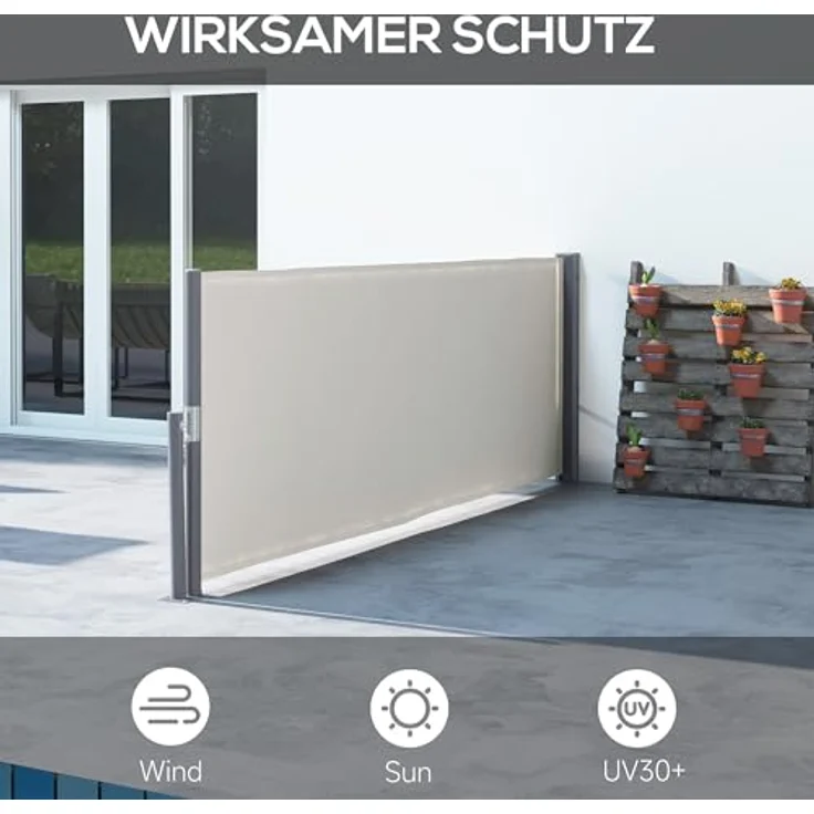 Outsunny Seitenmarkise Ausziehbar, 300 x 100cm Gartenmarkise, Sichtschutzwand mit UV-Schutz, Windschutz, Metall, für Terrasse, Balkon, Polyester, Hellgrau – Bild 3