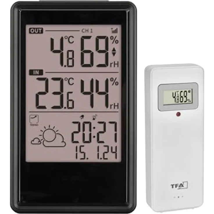TFA Funkwetterstation, Wetterstation in Schwarz mit Temperatur- und Luftfeuchtigkeitsanzeige, Funkwecker und erweiterbar mit bis zu drei Außensendern