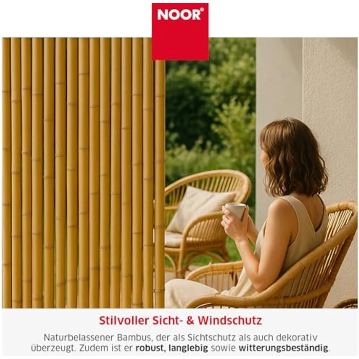 NOOR Bambusmatte Deluxe, Natürlicher Sichtschutz aus 40 mm ⌀ naturbelassenem Bambus, wetterfest, 200 x 200 cm für Balkon, Terrasse & Garten – Bild 2