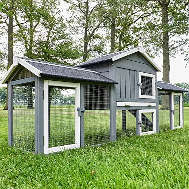 zooprinz großer & moderner Hasenstall, Kaninchenstall aus Vollholz in weiß und grau - Einfach zu reinigen mit extra hoher Kotschublade