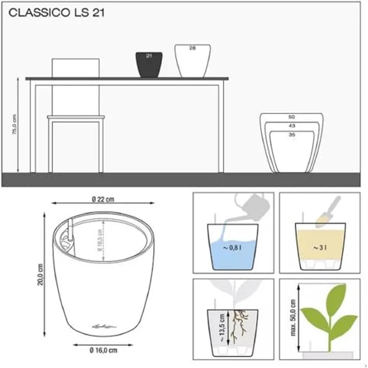 LECHUZA Classico Color LS, Pflanzgefäß schiefergrau mit Bewässerungssystem, Ø 22 × 20 cm, 3 l Pflanzvolumen, 0,8 l Wasserspeicher – Bild 3